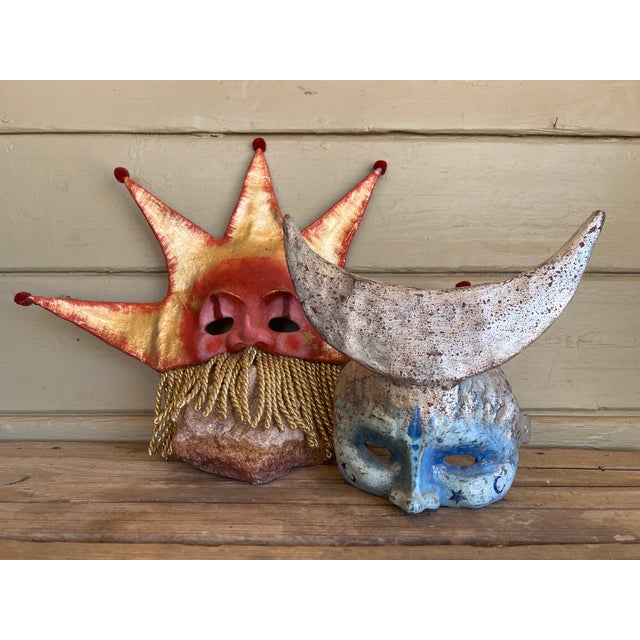 Textile Handmade Gilded Venetian-Style Papier-Mache Celestial Masks, Representing the Sun (Sole) and the Moon (Luna) For Sale - Image 7 of 14
