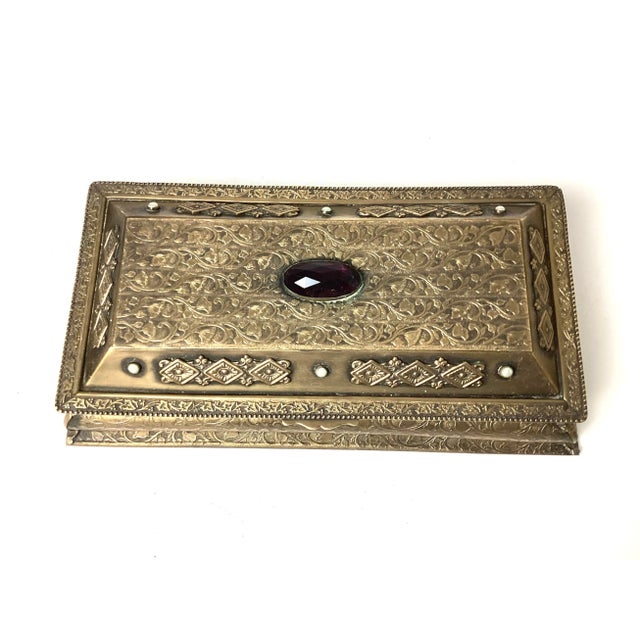 Vintage 1920’s Art Deco LA TAUSCA Brass JEWELED Ormolu Jewelry Vanity Box Casket. Large amethyst, stone on top with six...