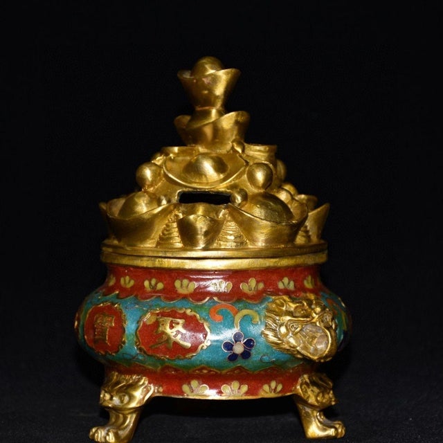 Metal Cloisonne Enamel Incense Burner, Gilded Yuanbao Lid & Dragon Handles, Chinoiserie Wealth Motif Censer For Sale - Image 7 of 9