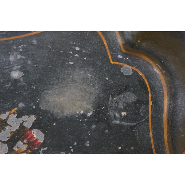 Antique Hand Painted Scaloped Floral Rose Toleware Serving Tray For Sale - Image 11 of 12