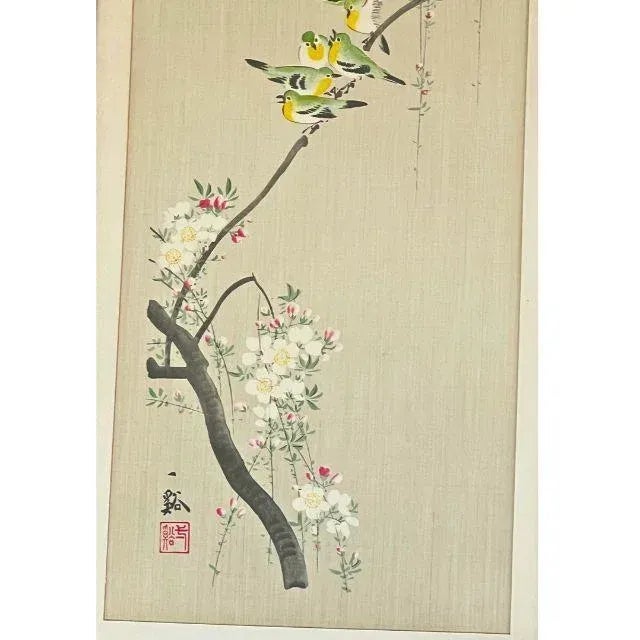 Linen Mid-Century Japanese Watercolors on Silk, Artist Signed, Framed, Pair For Sale - Image 8 of 12
