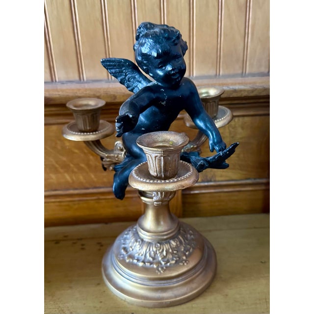 Vintage Black Cast and Gold Putti Cherub Candelabras - A Pair For Sale - Image 4 of 6