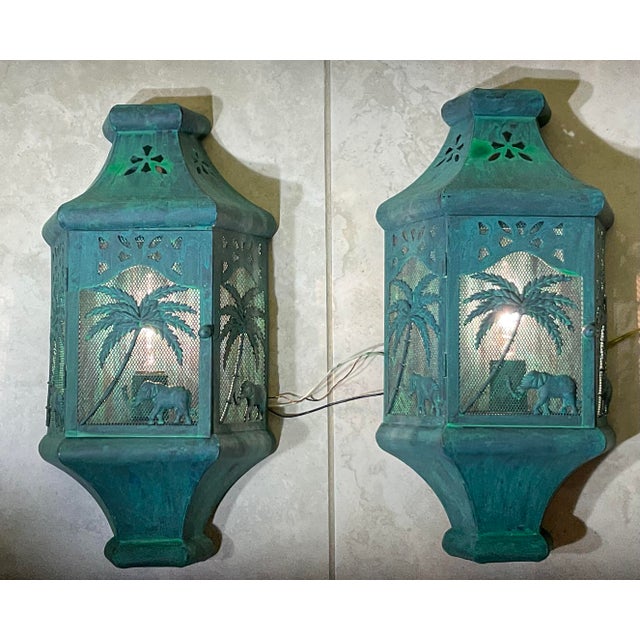 Vintage British Colonial Style Elephant & Palm Tree Wall Sconces - a Pair For Sale In Miami - Image 6 of 17