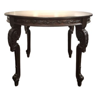 Vintage Hand-Carved Mahogany Veneer Extension Dining Table - 40.5" Round to 88.5" For Sale