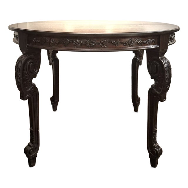 Vintage Hand-Carved Mahogany Veneer Extension Dining Table - 40.5" Round to 88.5" For Sale
