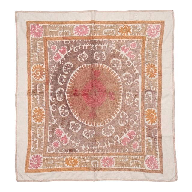 Boho Neutral Tan Suzani From Uzbek — 4'7'' X 4'10'' For Sale
