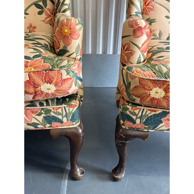 1970s Palm Beach Style Floral Upholstered Wingback Ethan Allen Chairs - A Pair For Sale - Image 9 of 12