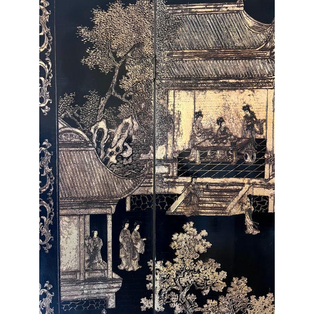 Mid 19th Century Vintage Chinese Coromandel Black Lacquer 8-Panel Folding Screen With Gilt Court Scenes For Sale - Image 5 of 7