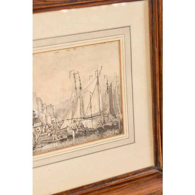 Original 19th Century Gauche + Watercolor Harbor Scene in Chunky Oak Frame For Sale In Charleston - Image 6 of 8