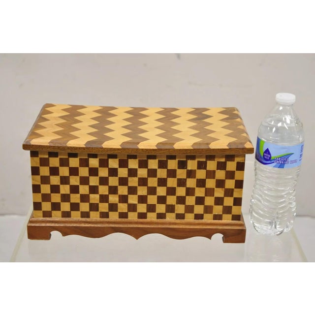 Arts & Crafts Mahogany Wood Checkerboard Inlay Handmade Trinket Jewelry Box. Circa Mid 20th Century. Measurements: 6" H x...