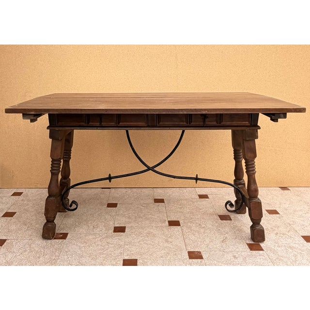 Brown Spanish Drop-Leaf Console Table With Iron Stretchers, 1940s For Sale - Image 8 of 11