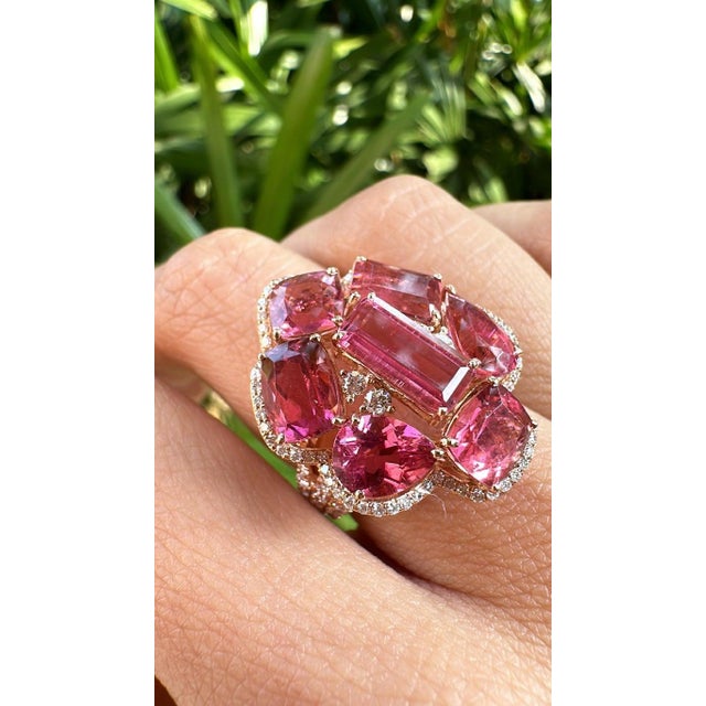 Raspberry Red Set in 18k Rose Gold, 8.48 Carats, Tourmaline & Diamonds Cocktail Cluster Ring, Size 6.5 For Sale - Image 8 of 11