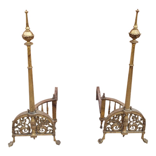 Early 20th Century Tall French Empire Brass and Iron Andirons, Pair For Sale