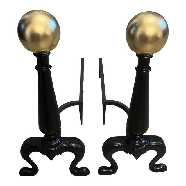 Pair of Vintage Cast Iron Andirons With Brass Colored Balls For Sale