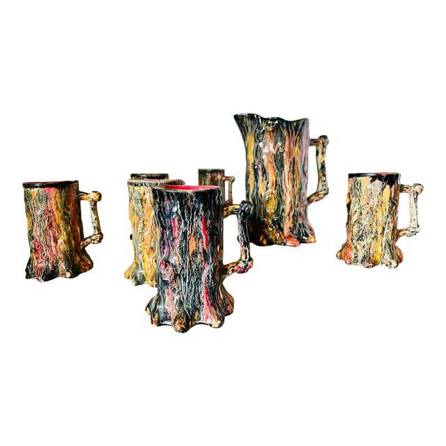 Vintage Faux Bois Majolica Pitcher & Mug Set- 7 Pieces For Sale