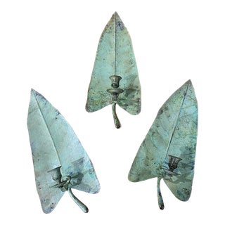 Vintage Metal Tropical Leaf Regency Tole Candle Wall Holders Sconces- Set of 3 For Sale