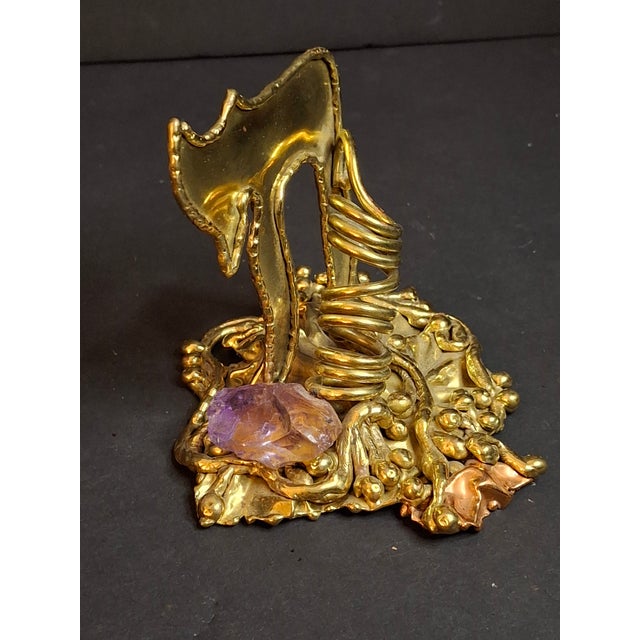 Vintage 1970s Copa Brazil Brutalist Hebrew Chai Brass & Amethyst Sculpture For Sale - Image 4 of 7