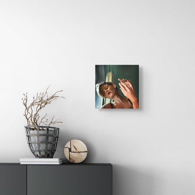 Contemporary Mirrored Touch by Linda Delahaye | Oil on cradled wood panel of a woman with hands raised. For Sale - Image 3 of 5