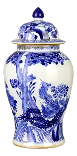 Antique Chinese Ceramic Pot Qing Dynasty Kangxi Marked Blue and White Porcelain Ginger Jar Hand Painted Flowers and Birds Pattern
