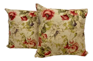Pair of 20" Square Pillows With a Classic Red & Pink Poppy Floral Pattern - Made in Uk.