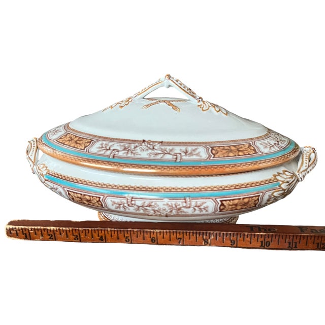 19th Century Edge, Malkin & Co. Staffordishire Hand Painted Turquoise and Brown Porcelain Tureens With Gold Gilding - a Pair For Sale - Image 12 of 14