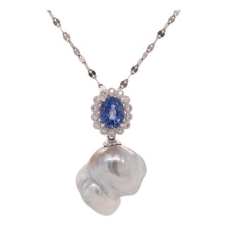 Oval Sapphire, Diamond and South Sea Pearl Platinum Pendant Necklace - Fei Liu For Sale