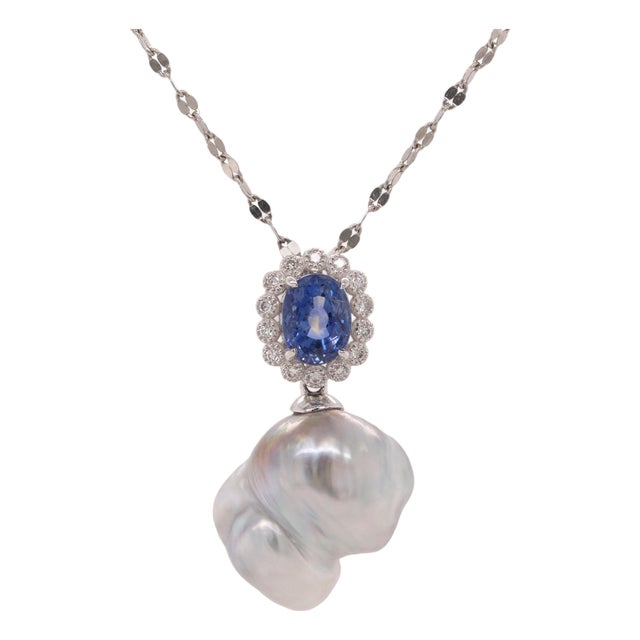 Oval Sapphire, Diamond and South Sea Pearl Platinum Pendant Necklace - Fei Liu For Sale