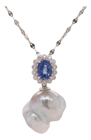 Oval Sapphire, Diamond and South Sea Pearl Platinum Pendant Necklace - Fei Liu