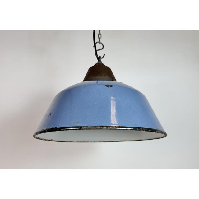 Industrial Blue Enamel and Cast Iron Pendant Lamp, 1960s For Sale - Image 9 of 18