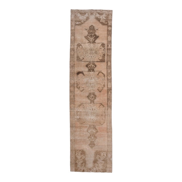 1970s Vintage Handmade Wool Cotton Turkish Beige Runner Rug For Sale