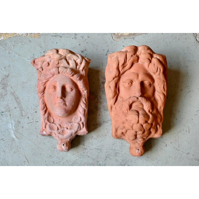 Bohemian Country Chic Terracotta Wall Planters with Patinated Divine Faces, Set of 2 For Sale - Image 10 of 10