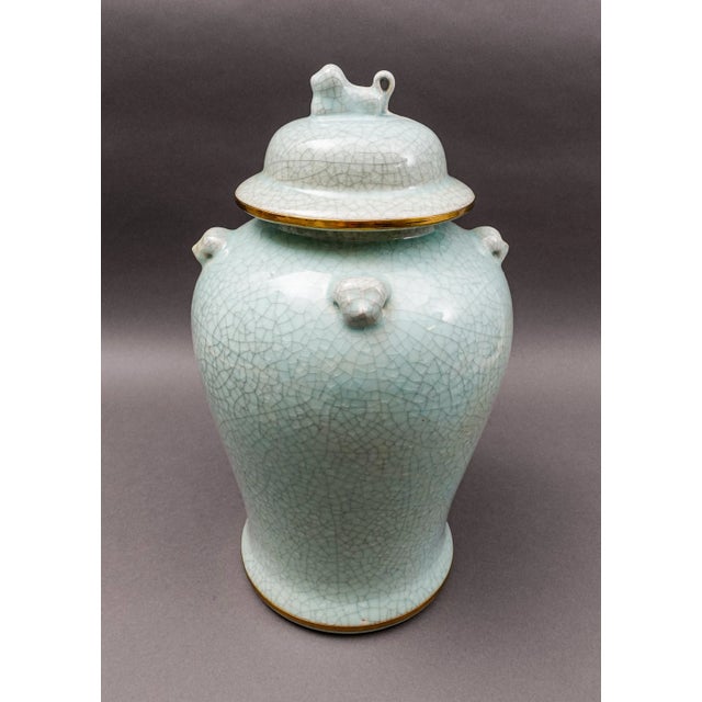 Maitland - Smith Mid 20th Century Maitland Smith Celadon Crackle Glazed Porcelain Foo Dogs Large Lidded Ginger Jar For Sale - Image 4 of 10