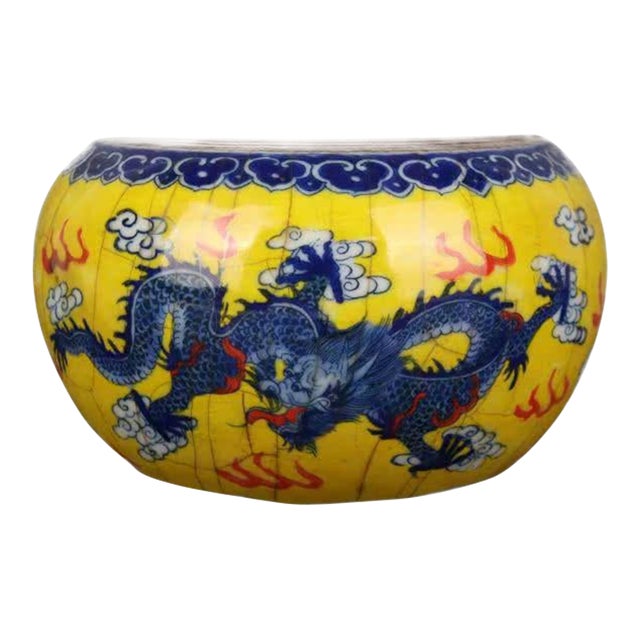 Chinese Vintage Ceramic Pot,Old Porcelain Factory Blue and White Famille Verte Porcelain Brush Washer Hand Painted Cloud and Dragon Pattern For Sale