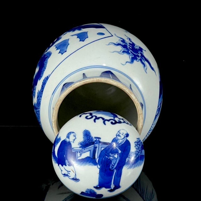 Vintage Blue and White Porcelain Lidded Jar With Figural Landscape Panels For Sale - Image 4 of 8