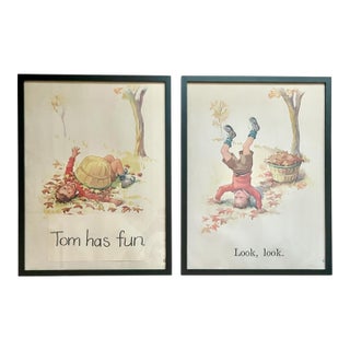 Vintage Framed Children’s Storybook Prints – Pair of Whimsical Nursery Illustrations For Sale