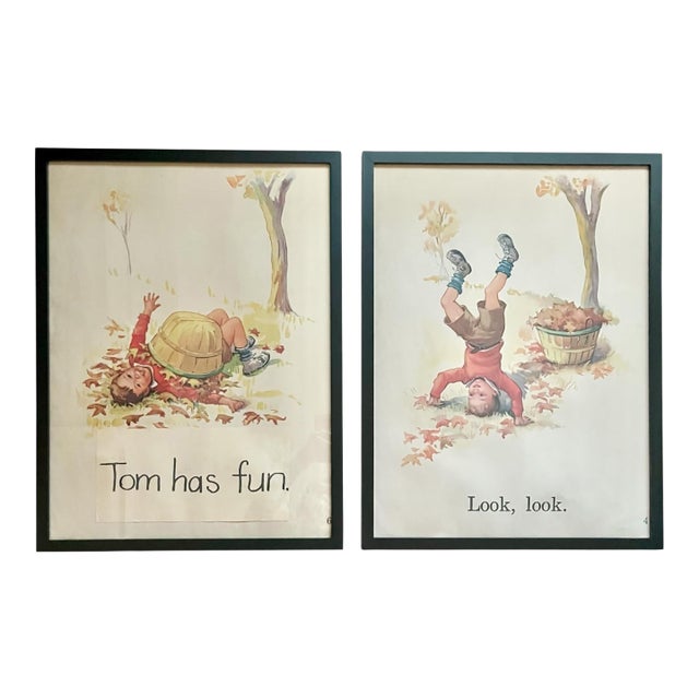 Vintage Framed Children’s Storybook Prints – Pair of Whimsical Nursery Illustrations For Sale