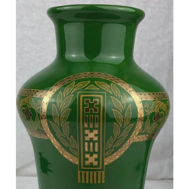 Metal Sarreguemines Green and Gold Art Deco Porcelain Vases, France, 1940s For Sale - Image 7 of 8