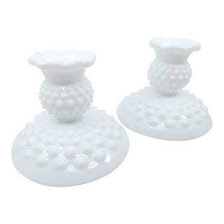 Vintage Fenton Hobnail Crimped Edge Candle Stick Holders- a Pair For Sale