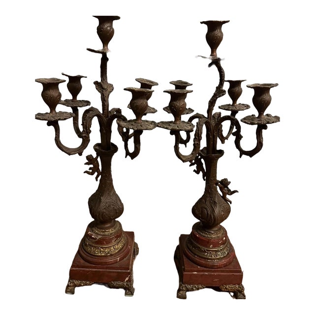 19th Century French Patinated Bronze Spelter and Rouge Griotte Marble Candelabras Garnitures Pair For Sale