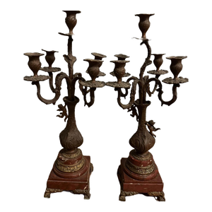 19th Century French Patinated Bronze Spelter and Rouge Griotte Marble Candelabras Garnitures Pair
