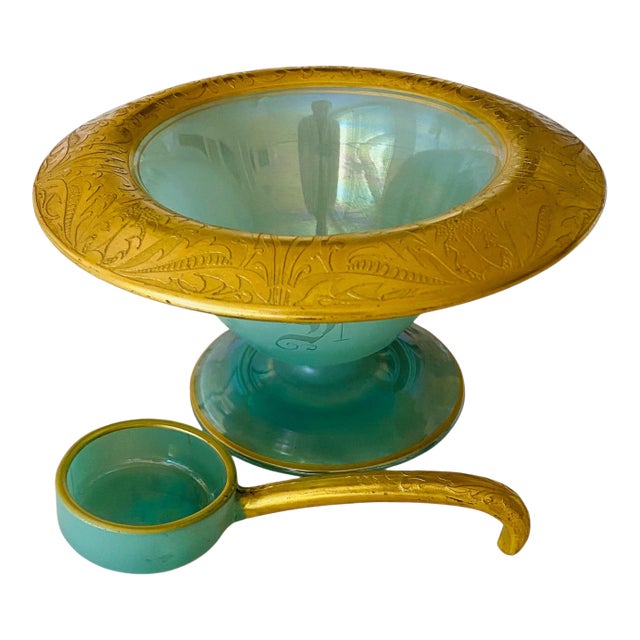 1940s Green Glass Mayonnaise Bowl With Serving Spoon For Sale