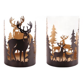 Cut Metal Deer and Forest Candle Holder (Set of 2) For Sale