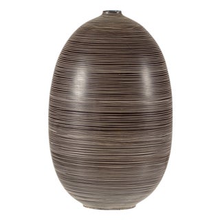 Large Artisan Ceramic Vase with Fine Linear Decoration in Brown and Cream For Sale