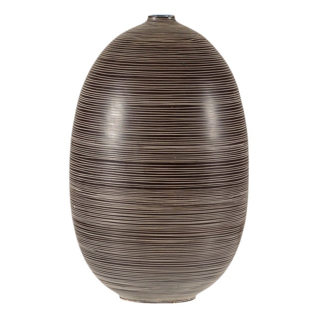 Large Artisan Ceramic Vase with Fine Linear Decoration in Brown and Cream For Sale