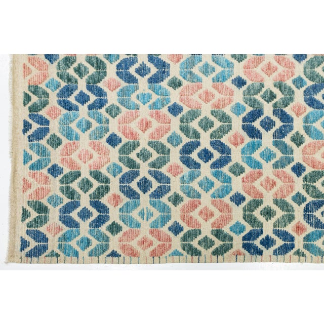 Modern Geometric Tulu Style Hand-Knotted Wool Area Rug in Terracotta and Blue For Sale In New York - Image 6 of 11