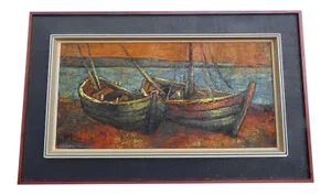 Mid 20th Century "Boats" Nautical Oil Painting, Framed