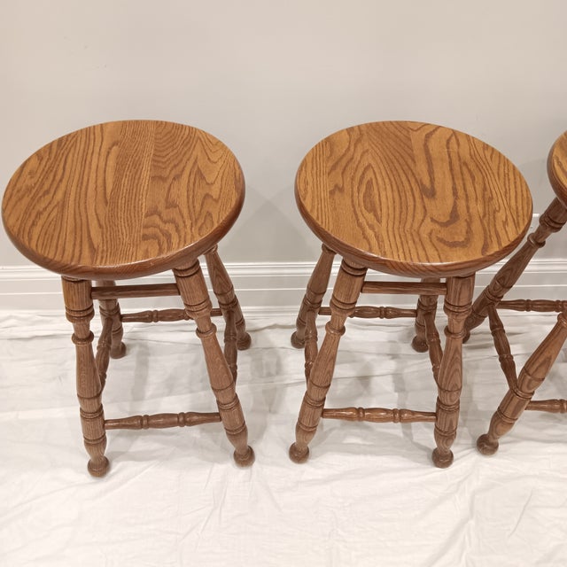 Farmhouse Vintage Rustic Farmhouse Solid Oak Tell City Backless Barstool With Paisley Print Seat Cushion For Sale - Image 3 of 17