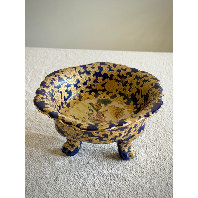 Ceramic Antique Chinese Three Footed Porcelain Bowl, Cobalt and Gilt Chinoiserie Fox Hunt Scene, Qianlong Style For Sale - Image 7 of 11