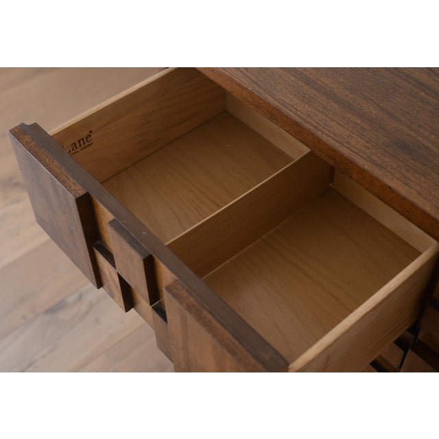 Brown MCM Lane Brutalist Staccato Lowboy Dresser & Mirror Set For Sale - Image 8 of 18