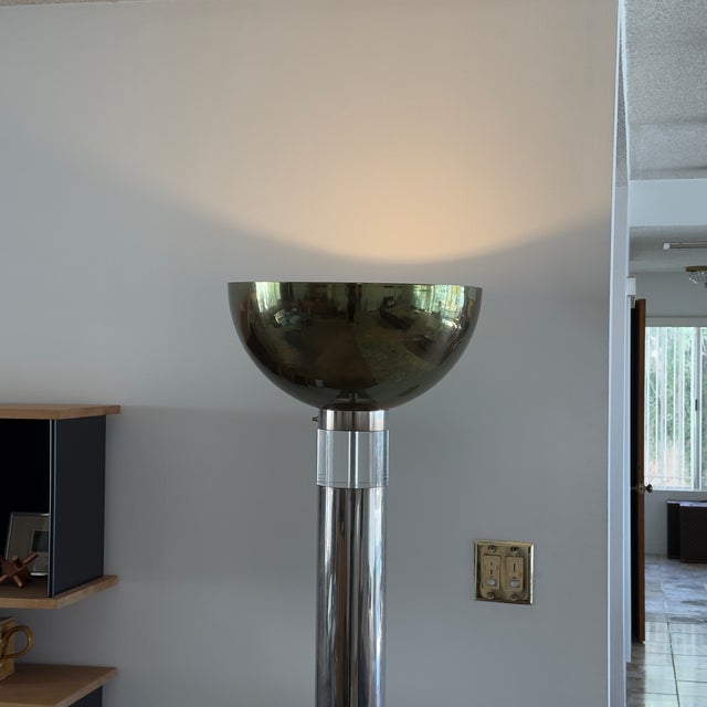 Karl Springer 1970s Monumental Chrome, Brass and Lucite Torchiere Floor Lamp by Karl Springer For Sale - Image 4 of 10